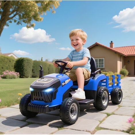 Tractor eléctrico infantil con remolque desmontable, mando a distancia, 3-5 km/h, azul HAVRYA (1/3)