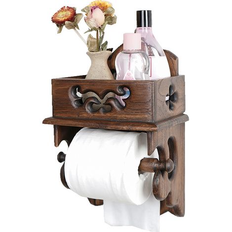 Porta rotolo di carta igienica vintage in legno massello con vano portaoggetti - Montaggio a parete - Mensola portaoggetti per il bagno - 28x17 cm (1/2)