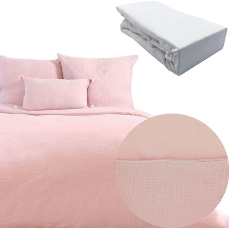 Parure 260x240 FABRIK gaze de coton ROSE + DH OBIO blanc 180x200 (1/4)
