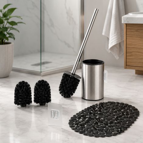 Set da bagno da parete (2 pezzi) – Scopino per WC in acciaio inossidabile e tappetino da bagno antiscivolo in pietra (1/5)