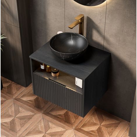 Meuble vasque suspendu 60 cm noir avec vasque céramique à motif pierre, LED, REDOM (1/5)