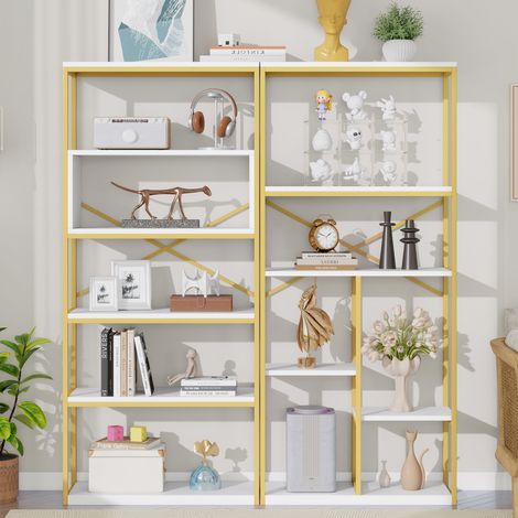 Scaffale in MDF e metallo oro/bianco 160 x 29,5 x 180 cm, design aperto multiripiano