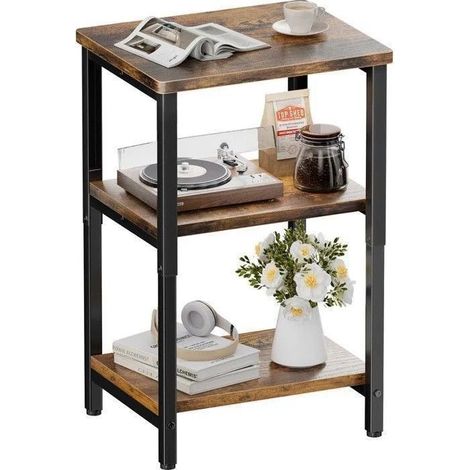 Vintage Side Table - ECOFURNIX - 37x30x65 cm - Steel - Brown - 1 open storage compartment