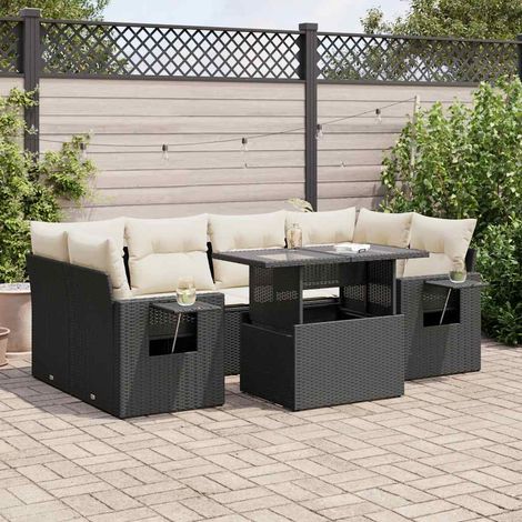 Ensemble Salon Jardin 7 Pièces Noir Résine Tressée - Canapés d'Angle et Table Réglable avec Coussins Crème (1/5)