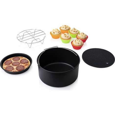 182011 Kit d'accessoires pour friteuse à air chaud (10 pièces) : grille, moule à pizza, moule à muffins, moule à pâtisserie, dessous de plat en silicone (diamètre : 18 cm). (1/5)