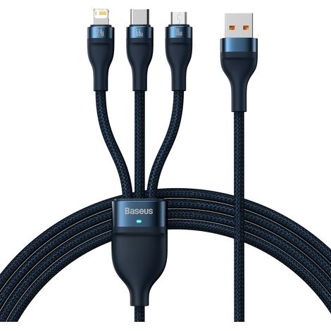 3-in-1-Schnellladekabel (USB-A auf USB-C, microUSB, Lightning), 66 W, 480 Mbit/s, 1,2 m, Blau (1/5)