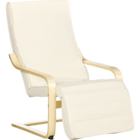 Bequemer Sessel zum Entspannen mit verstellbarer, abnehmbarer Fußstütze, 94 x 66,5 x 100 cm, Massivholz, cremefarben