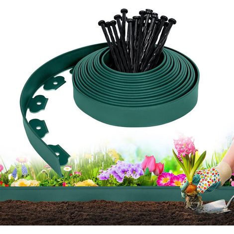 Bordure de jardin en plastique de 10 m avec 30 clous d'ancrage, bordure de pelouse flexible, bordure de pelouse avec clous robustes, jardin créatif vert foncé