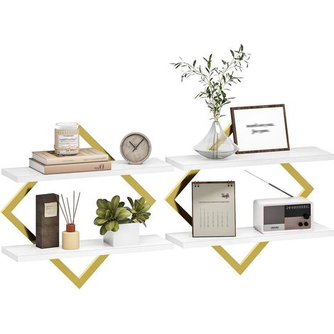 Étagère flottantes, Lot de 2, Étagères murales à 2 Niveaux, Rangements Suspendus avec Cadre métallique losangé, pour Salon, Chambre, Cuisine, Bureau, Blanc et Or (1/5)