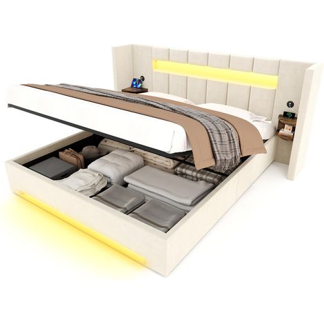 CHICFURN Cama con canapé 180x200 cm de terciopelo beige con USB, LED y almacenaje (1/5)