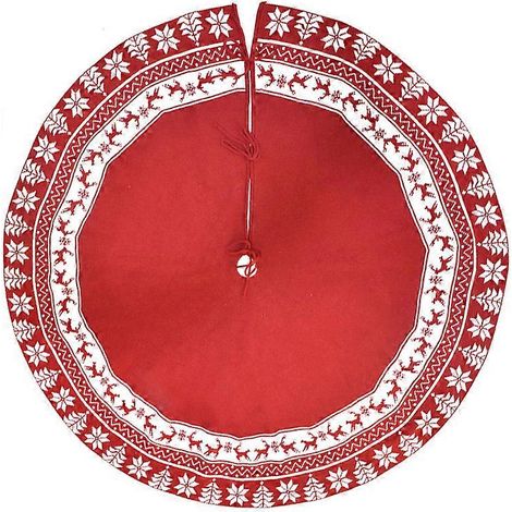 1 Stück Weihnachtsbaumdecke, 48 Zoll (ca. 122 cm) roter Weihnachtsbaumrock mit Weihnachtsbaum und Rentier, Weihnachtsbaumdecke für warme Weihnachtsdekorationen (1/3)