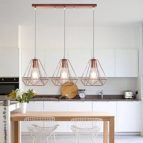 – Lustre rétro vintage 3 têtes – Suspension industrielle E27 20cm – Or rose – Lampe cage diamant pour bar et restaurant (1/5)