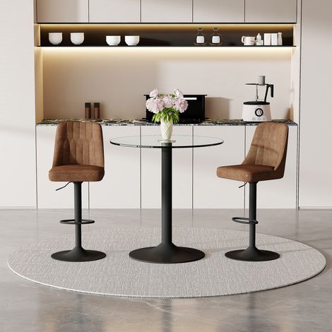 Conjunto de mesa alta redonda de cristal, con 2 taburetes giratorios, cristal transparente, marrón y negro (1/5)