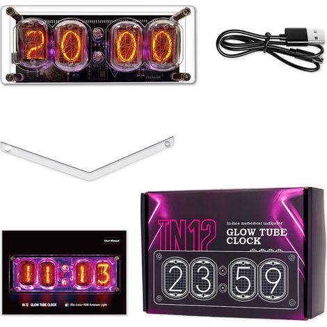 Horloge à tube Nixie IN12, 4 chiffres, avec mémoire en cas de panne de courant, 10 modes d'éclairage ambiant RGB, fonction de minuterie numérique rétro, alimentation USB Type-C. (1/5)