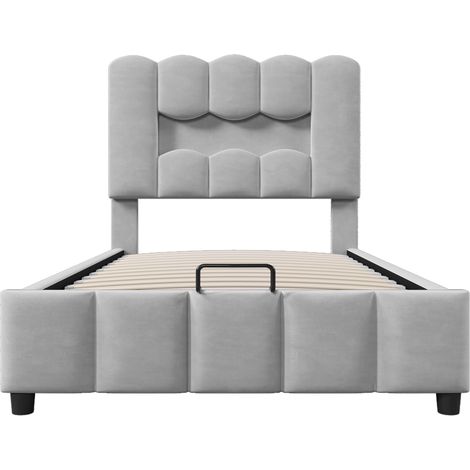 Letto capitonné 90 x 200 cm grigio in velluto con LED, contenitore e testiera regolabile (1/5)
