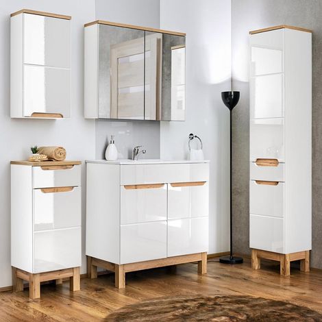 Badmöbel Waschplatz Set inkl. Keramikwaschtisch 60 cm 2-teilig SOLNA-56 Hochglanz weiß inkl. Standfüßen BxHxT ca.: 60  x 200 x 45 cm (1/5)