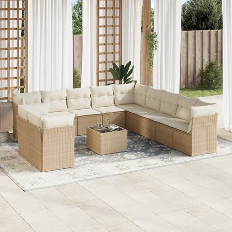 Ensemble canapé salon de jardin 12 places résine tressée beige, modulable avec coussins et table verre trempé (1/3)