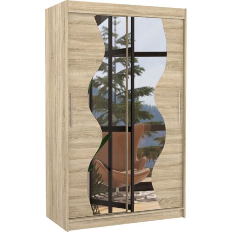 Petite armoire de chambre 2 portes coulissantes bois clair et miroir Vaguz 120cm (1/4)