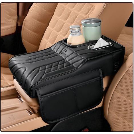 SHITONGSHANGMAO Car Center Armrest Cover for Mitsubishi Outlander 2023 2024 2025, Leather Center Console Armrest Cover with 2 Storage Pockets, Black (1/5)