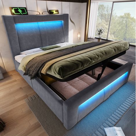 letto contenitore 90x200 LED USB velluto grigio morbido HAVRYA (1/5)