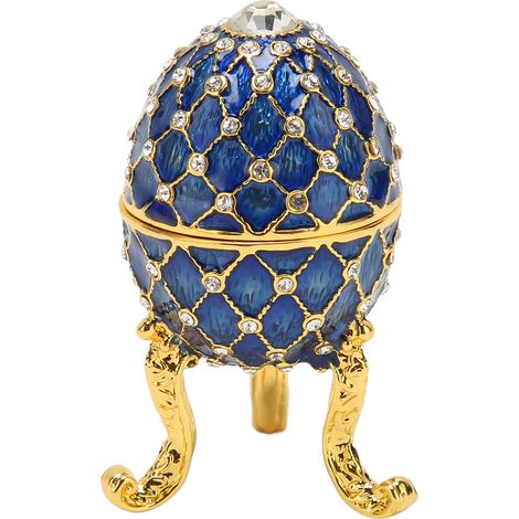 Œuf décoratif en alliage de zinc avec couvercle articulé, bleu, sur trépied doré - Boîte à bijoux, bague, figurine de collection (1/5)