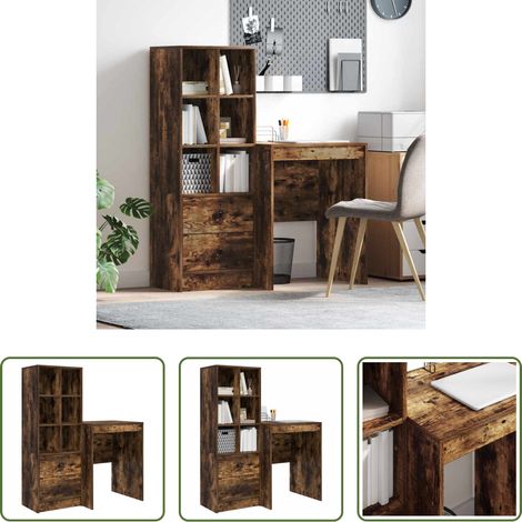 vidaXL Bureau chêne fumé - Bureau avec tiroir 2 pcs Chêne fumé (1/5)