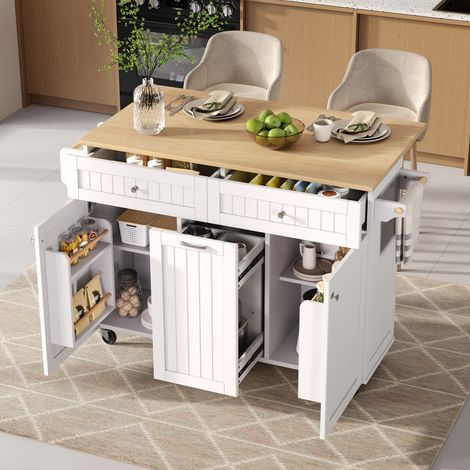 Isola da cucina 140×40-70×92 cm bianco/naturale con piano estraibile, cassetti multifunzione e ruote (1/5)