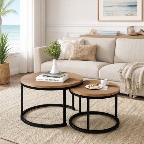 Lot de 2 tables basses rondes gigognes en MDF bois foncé, structure métal noir, grande 50 x 70,5 cm et petite 45,5 x 44 cm, design moderne  FLORAGRACE (1/5)