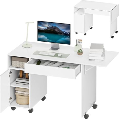 Bureau pliable roulant blanc avec rangements et tiroir parfait pour télétravail et petits espaces modernes. (1/5)