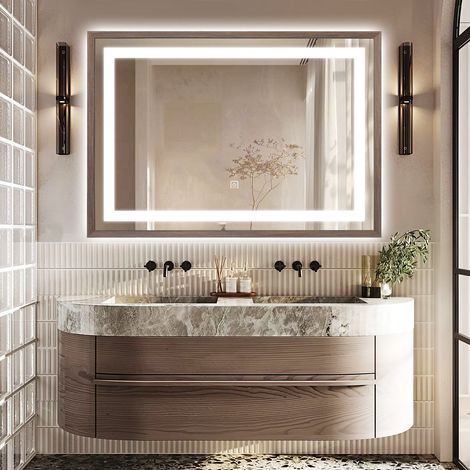 DILECI - Miroir lumineux LED avec cadre bois Noyer foncé veinage naturel 60 x 80 cm (1/5)