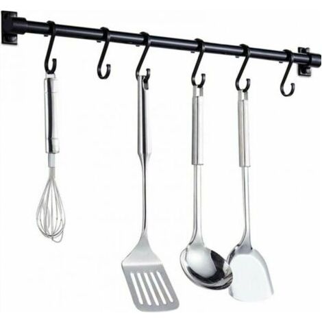 Pair 40CM Barre Murale Cuisine Ustensiles  - Barre Étagère de Cuisine avec 6 Crochets Amovibles - Rack Porte Étagère à Fixation Murale pour Ustensiles de Cuisine (Noir)