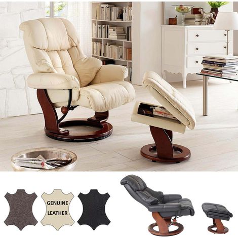 Fauteuil relax Calgary XXL – Cuir véritable noir – Charge 180kg – Dossier réglable – Tabouret avec rangement – Rotatif 360° – HW (1/5)
