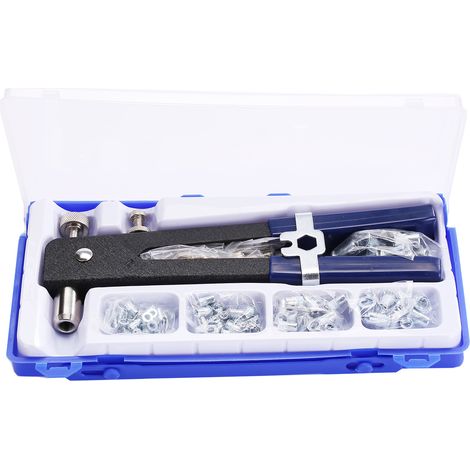 Kit d'outils pour écrous à rivets, clé à riveter à main aveugle, pistolet à insertion fileté avec assortiment d'écrous métriques M3 M4 M5 M6 M8 86 pièces (1/5)