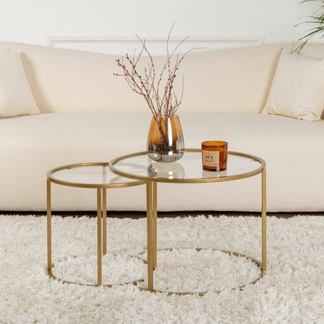 Dmora - Set di 2 tavolini da salotto Abbadesse, Tavolo basso da caffè, Portariviste per divano, Ripiano da soggiorno, 60x60 h43 cm, Oro e Trasparente (1/5)