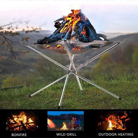 Brasero portable d'extérieur en acier inoxydable pliable avec grille à charbon et sac de transport inclus. Idéal pour les voyages, les pique-niques et le camping. (1/4)