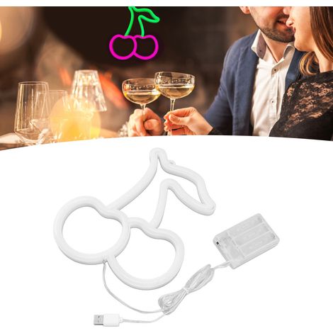 Enseigne lumineuse néon cerise rose, alimentée par USB ou piles, décoration murale LED en forme de cerise (1/5)