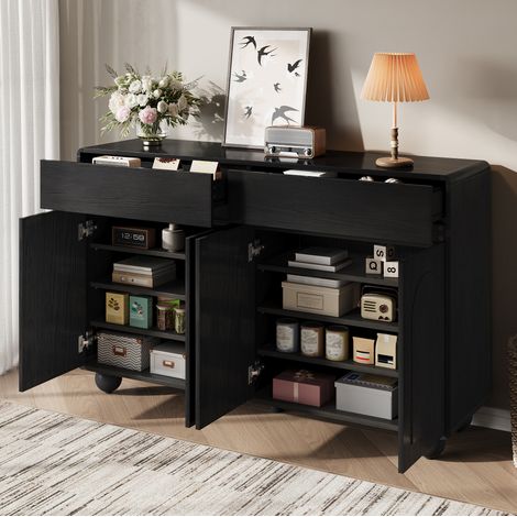 Aparador de salón CHICFURN 140 x 38 x 89 cm en PB y MDF negro, 2 cajones y 4 puertas (1/5)