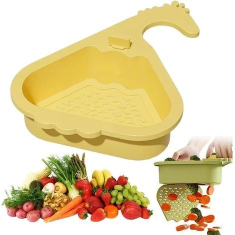 Panier D'évier 2025,Filtre D'Angle à Vidage Automatique Améioré 2025 Avec Porte-éponge, Passoire Automatique Pour évier D'Angle, Compartiment De Rangement Pour Aliments (Jaune) (1/5)