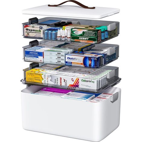 Boîte de rangement pour médicaments à quatre compartiments avec poignée de transport, organisateur de médicaments multifonctionnel, boîte de rangement pour l'armoire à pharmacie (Très grand) (1/5)