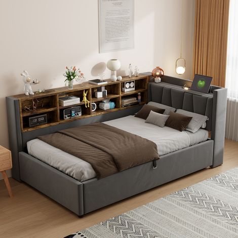 Lit canapé-lit capitonné 90 x 200 cm velours gris foncé avec rangement hydraulique, veilleuse, USB/Type-C, étagères & compartiments (1/4)