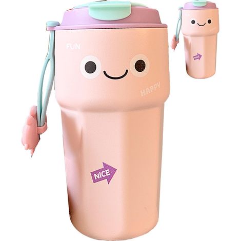 Niedliche doppelwandige Isolierflasche, 450 ml, Edelstahl, rosa, ideal für Heißgetränke. (1/4)