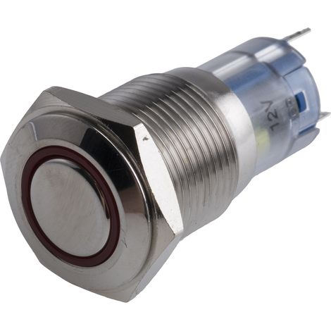Bouton-poussoir, Momentané lumineux, LED Rouge, Unipolaire à deux directions (1RT), 3 A @ 250 V c.a., Argent, Montage ( Prix pour 1 ) (1/2)