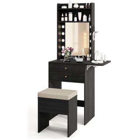 COSTWAY Small Makeup Vanity Desk Dressing Table Set With Mirror & Lights-White (1/5)
