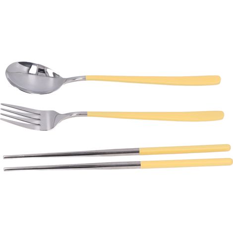 Ensemble de couverts réutilisables en acier inoxydable 304 pour étudiants et bureau - Fourchette, cuillère, baguettes - Jaune et argent