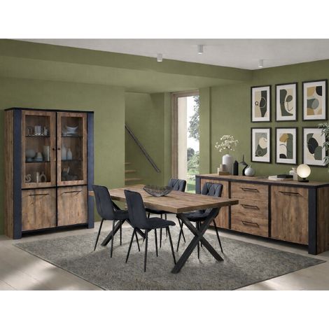 Salle à manger complète bois noir 6-8 places – Buffet 230cm avec 2 portes et 3 tiroirs – Table 200cm avec pied X (1/5)