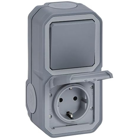 LEGRAND, Plexo New 069746L - Interruptor universal de encendido/apagado (1 pin) y enchufe de protección de contacto (SL), incluye tapa abatible, IP44-IK07 (enchufe), IP55 - IK07 (interruptor), color