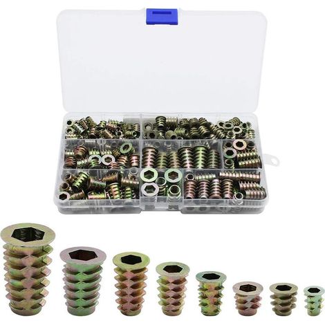 230 Dadi esagonali M4 M5 M6 M8 M10 – Lega di zinco – Inserti filettati per mobili in legno – 230 pezzi con scatola di plastica (1/5)