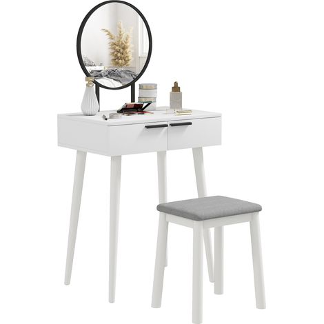 Stylish White Makeup Vanity Table with Round Mirror and Stool,2 Drawer Design for Bedroom and Living Room,60x40x123cm