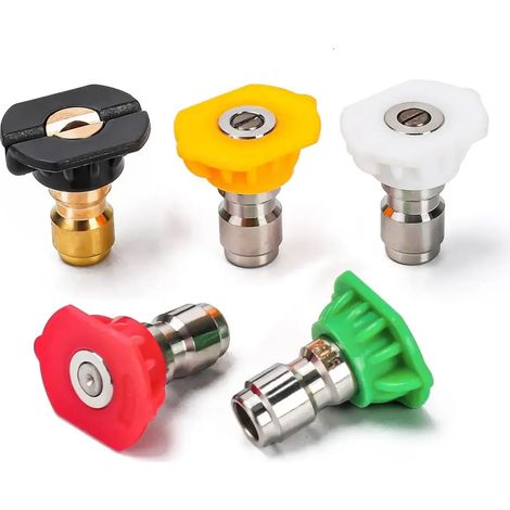(A) Lot de 5 embouts de nettoyeur haute pression - Raccord rapide 1/4" avec angles de jet 0°/15°/25°/40° pour le nettoyage de voitures et de surfaces (1/5)