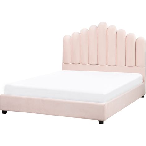 Letto matrimoniale velluto rosa 140 x 200 cm testata alta a conchiglia Vincennes